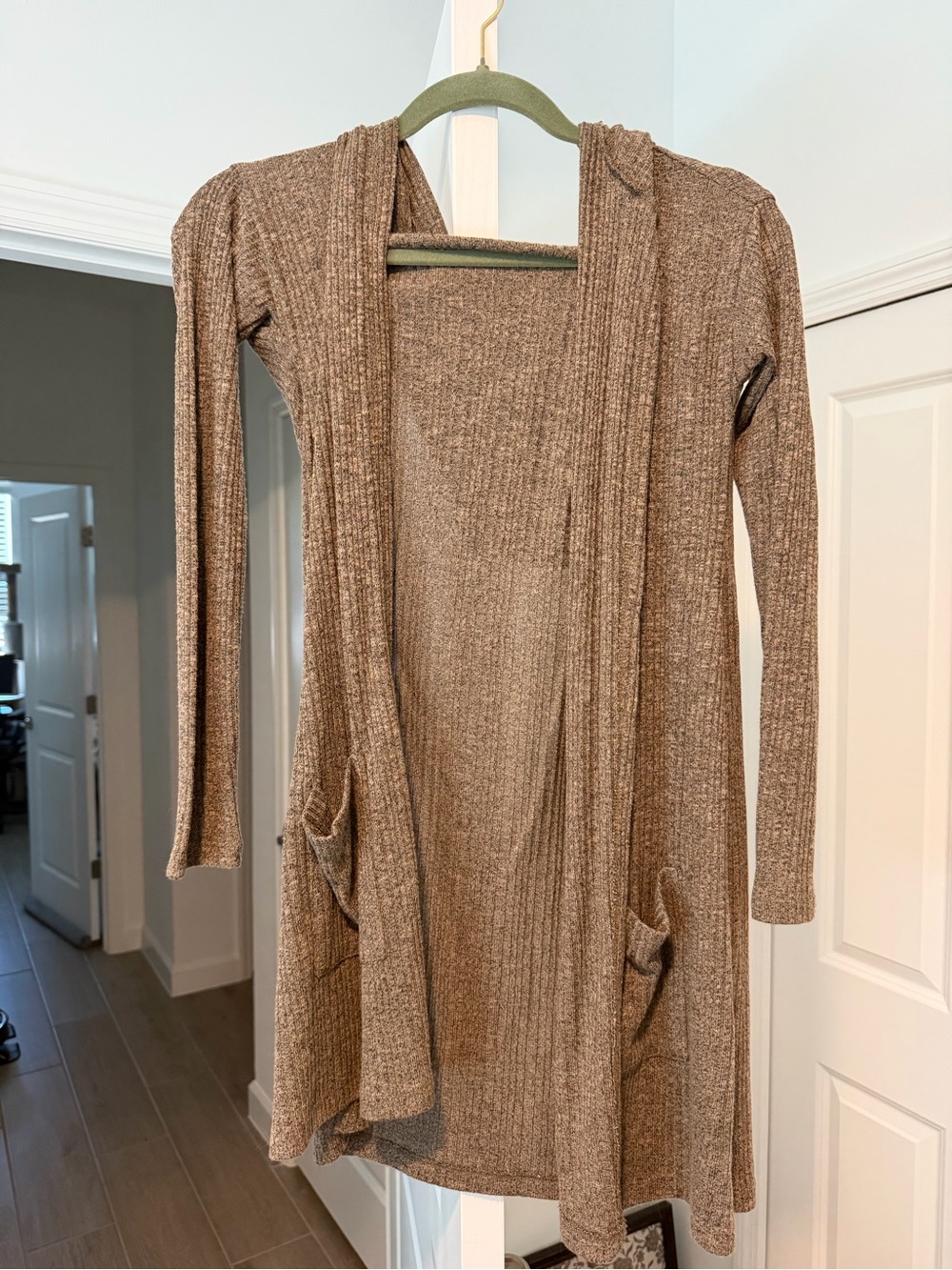 American Eagle Outfitters Long Open-Front Ribbed Cardigan in Brown